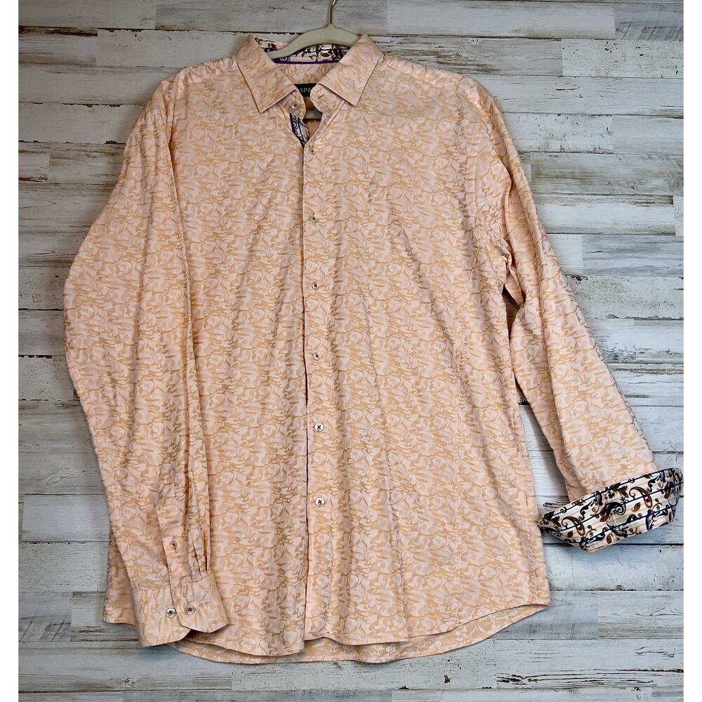 Spazio Mens Peach Floral Button Down Shirt Long Sleeve Cotton Size L Contrast